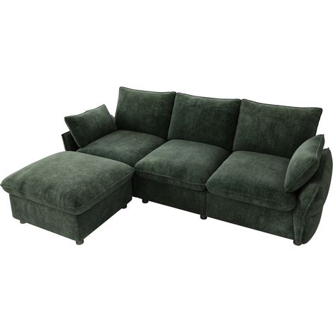 Canapé d'angle moderne en chenille avec ottomane et 1 pouf, 3 places, vert foncé, 222,5 x 154,5 x 76,5 cm (1/5)