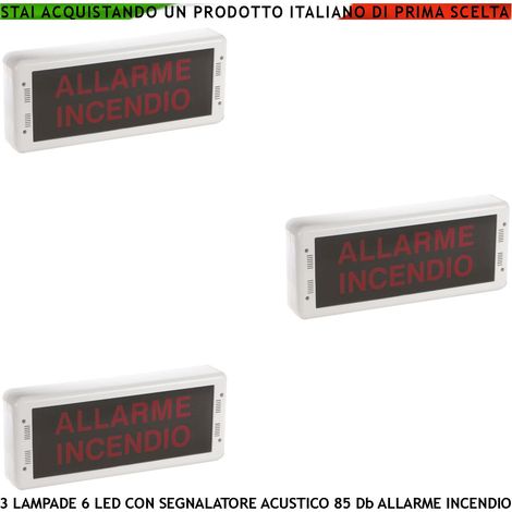 SEGNALA VIA DI FUGA 3 PEZZI LUCE LED SIRENA 85 dB SCRITTA ALLARME INCENDIO PANNELLO A MURO EN 54-3 EN-54-23 DoP 1293 CPR-0511 (1/4)