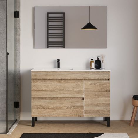 Meuble de salle de bain 120cm sur pieds avec vasque déportée à gauche avec porte et tiroirs - cambrian (chêne clair) - LAZARO (1/5)
