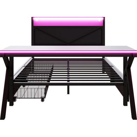 Gaming-Platformbett 140x200 cm aus schwarzem Metall mit LED, Schreibtisch und 2 Schubladen (1/5)