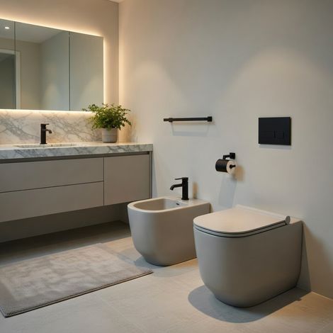 Sanitari filomuro WC e Bidet in Ceramica Copriwater soft-close Ceramiche Dolomite serie ALBA - Grigio Cemento (1/5)