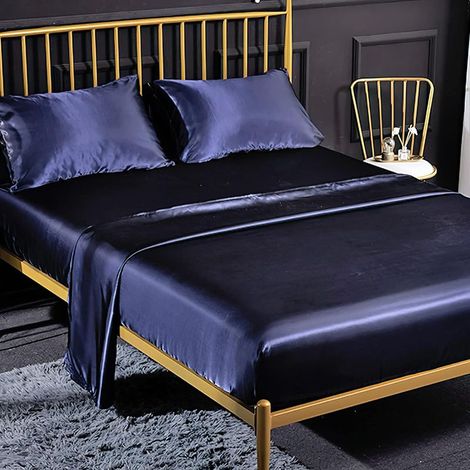 Ensemble 4 Pièces de Draps de Lit en Satin Couleur Unie 1 x Drap Housse 198203 cm 2 Personnes avec Grand Bonnet de 35 cm, 1 x Drap Plat et 2 x Taie d'oreiller, Bleu Marine (1/5)