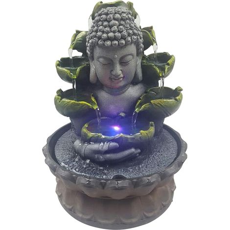 Fontaine d'intérieur Bouddha - Décoration zen - 3 niveaux - Avec LED RVB à 4 couleurs - Pour la méditation et la détente - 20,5 x 20,5 x 28 cm (1/5)