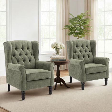 Fauteuil Vintage Mi-Siècle Lot de 2, Fauteuil à Oreilles Rembourré avec Capitonnage Boutonné, Housse en Tissu et Pieds en Bois Massif pour Salon, Bureau, Café - Vert (1/5)
