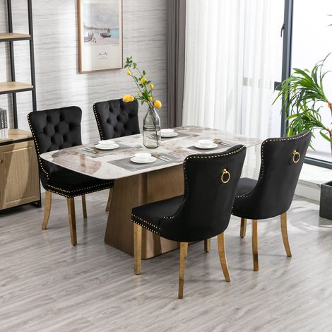 Lot de 2 chaises de salle à manger avec dossier rembourré, en velours, pieds en bois doré, noir