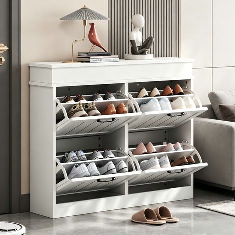 Scarpiera 105x24x83 cm bianco in MDF con 4 ante ribaltabili, 8 scomparti, maniglie nere e ripiani regolabili (1/5)