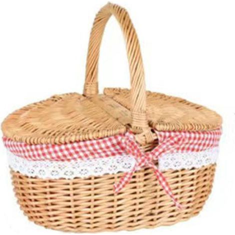 Panier pique-nique en osier style campagne avec couvercle, anse et doublures pour pique-nique, barbecue et fête (1/5)