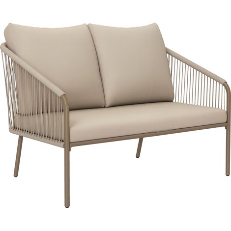 Divano da giardino a 2 posti in resina intrecciata con cuscini, divano da esterno con braccioli e struttura in acciaio, 112x72x76 cm, beige