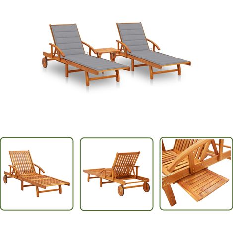 The Living Store Sonnenliegen 2 Stk. mit Tisch und Auflagen Massivholz Akazie - Sonnenliegen - Gartenmöbel - Esszimmerset - Holz Möbel - Outdoor Furniture (1/5)