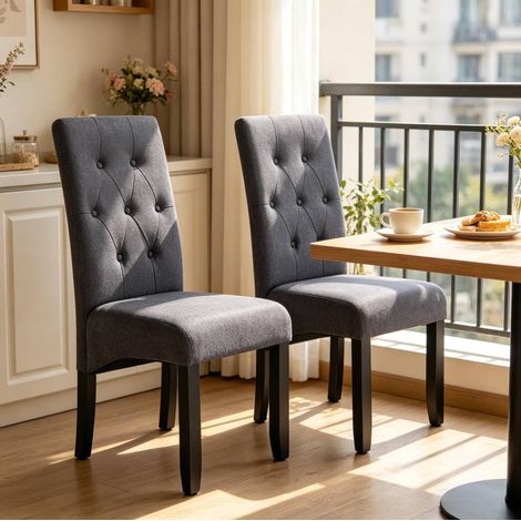 Set di 2 sedie da pranzo imbottite grigio scuro con schienale alto e gambe in legno (1/5)