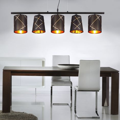Lampada a sospensione tavolo da pranzo lampada a sospensione oro nero 5 fiamme lampada da pranzo E14 lampada da soggiorno a sospensione moderna, con linee decorative dorate, 5x E14, LxH 90x140 cm (1/4)