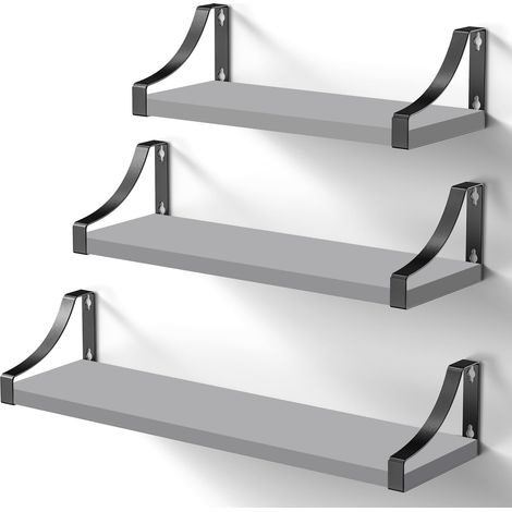 étagère Murale avec Supports métalliques, Bois de Paulownia, Gris Lot d’étagères murales, charge de 10 kg par tablette, 3 tailles, supports à double sens, idéal pour chambre et salle de bain (1/5)