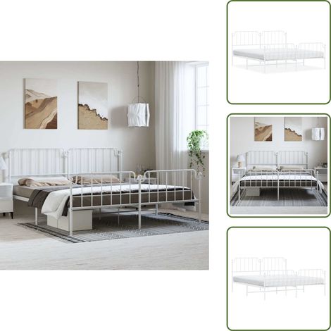 The Living Store Cadre de lit métal sans matelas et pied de lit blanc 183x213 cm - Cadre De Lit - Lit Double - Lit Metal - Lit Blanc - Meuble Chambre