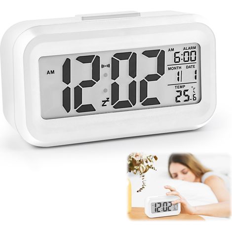 Sveglia digitale LCD a batteria con ampio display - Temperatura, data, snooze, retroilluminazione - Orologio digitale portatile per camera da letto, ufficio, viaggio - Bianco