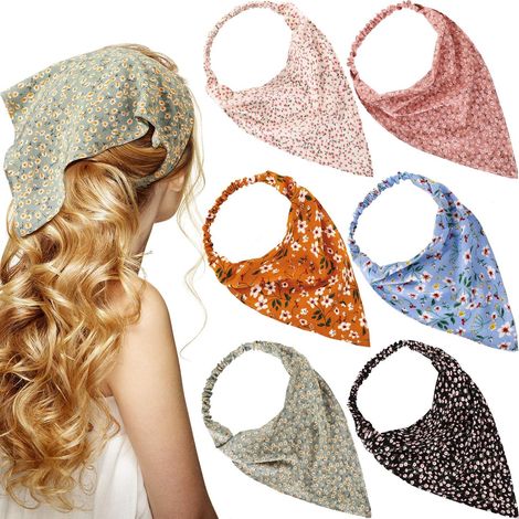 Lot de 6 bandanas élastiques à motifs floraux, style bohème, foulard, bandeau, turban en mousseline avec pinces à cheveux pour femmes (1/5)