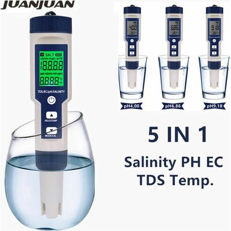 – Ph-mètre numérique 5 en 1 – Mesure pH, TDS, EC, salinité – Plage 0-60℃ – étalonnage automatique – Stylo avec rétroéclairage - EC 5 EN (1/4)