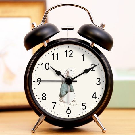 Beige Rabbit Pattern Vintage Alarm Clock, Silent Travel Alarm Clock, Double Round Metal Alarm Clock, (1/4)