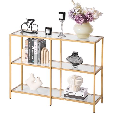 VEVOR Table Console en Verre 3 Niveaux, Table deAppoint Rectangulaire Moderne, Bout de Canape avec Plateau en Verre Trempe, Pieds en Fer et Dispositif Anti-basculement, Entree Salon Couloir, Doree