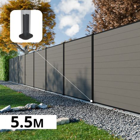 Kit Clôture Composite RIO Platines 5,5x1,8m - Bois composite & Aluminium - Poteaux Noir sur Platines - Brise vue