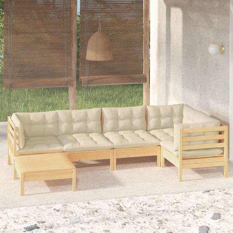 vidaXL Muebles de jardín 6 pzas y cojines madera maciza de pino crema (1/5)