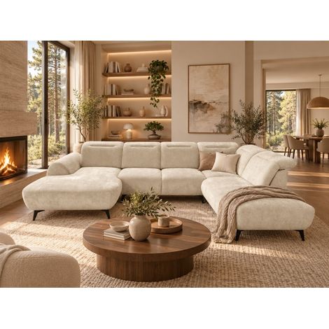 Wohnlandschaft Sofa U-Form ALETTE in Stoff Doha Creme Lange Schenkel Rechts (1/5)