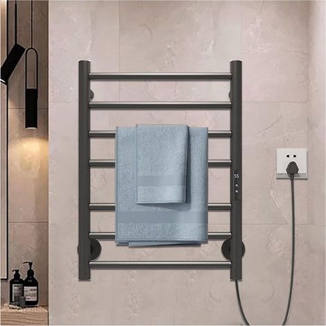 Chauffe-serviettes électrique mural noir Inox 304, 55°C en 5min, réglable 45-70°C, minuterie 24h. Sèche-serviettes design. (1/5)
