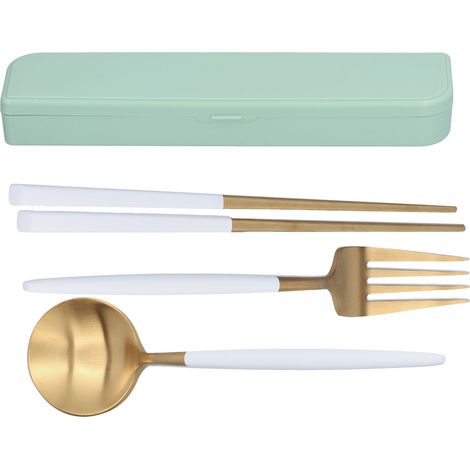 Ensemble de couverts de voyage 3 pièces en acier inoxydable : cuillère, fourchette et baguettes, idéal pour l'école (boîte de rangement verte) (1/5)