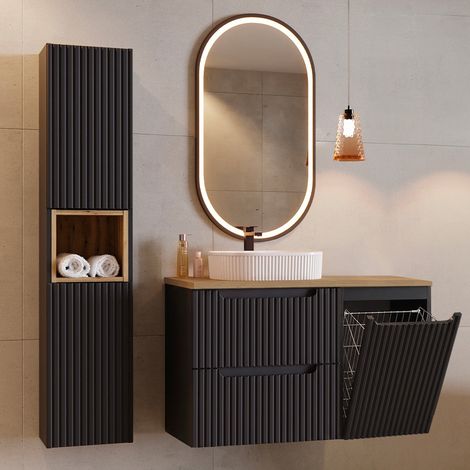 Conjunto mueble simple vasque 100cm cesto para la ropa 2 cajones y columna Riva Negro y Madera (1/5)