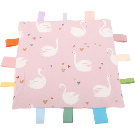 Lot doudou bébé avec étiquettes sensorielles en coton, couverture apaisante pour sommeil, cygne, 1 pièce (1/5)