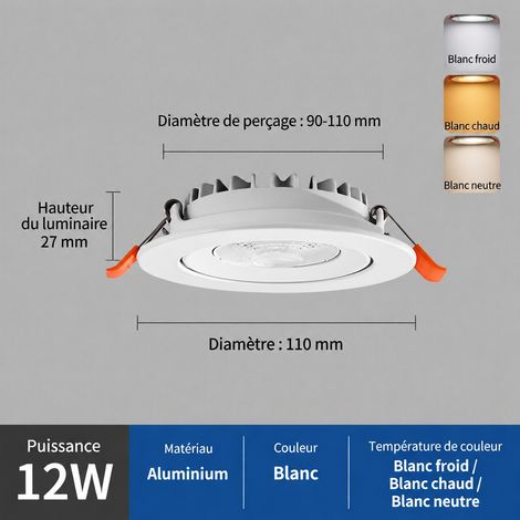 Spot encastrable LED COB 12W aluminium lumière neutre 4500K diamètre 110 mm 12w 110 27mm 90-100mm 23 g – Livraison gratuite