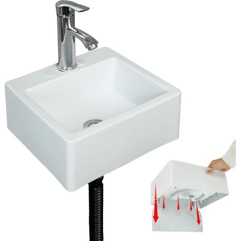 Petit évier de salle de bain à montage mural, installation sans perçage, auto-adhésif, 40 x 20 cm avec trou de robinet de 3 cm, mini évier en plastique pour la maison, le dortoir, les camping-cars (1/5)