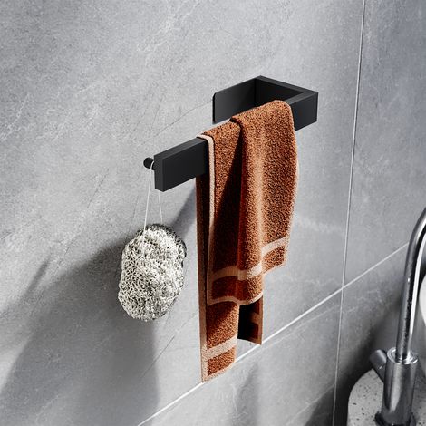 SIRHONA Porte Serviettes Salle de Bains Anneau porte-serviettes porte-serviettes adhésif barre de bain 20 cm sans foret en acier inoxydable couleur noir, cintre de bain serviette à main sans perage (1/3)