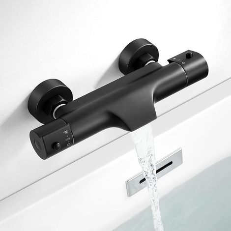 Mitigeur Baignoire Thermostatique Bain Douche Bec Cascade Noir en Laiton (1/5)
