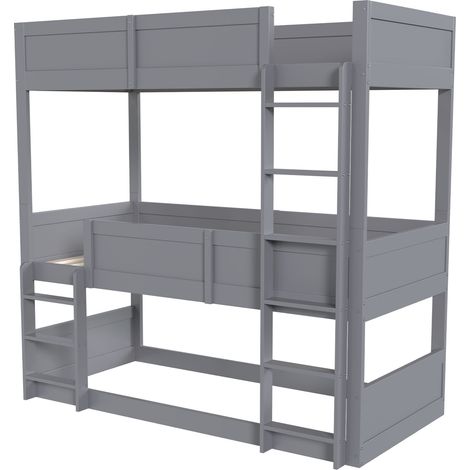 Cama litera triple infantil 90 x 200 cm gris de madera con escalera y barandilla alta, MODENUIT (1/5)