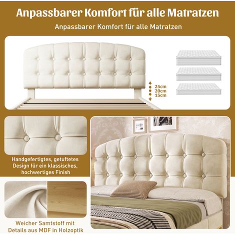Lit double 140x200, sommier à lattes inclus, cadre en velours beige capitonné, tête de lit incurvée réglable, lit avec tiroirs de rangement, literie sans matelas pour chambre. (1/5)