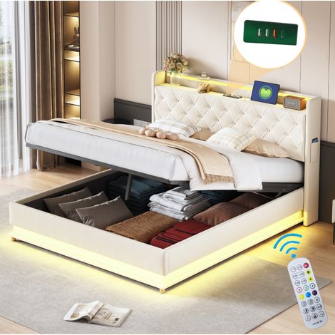 Lit adulte 160x200 cm LED, USB et coffre hydraulique, beige, sans matelas FloraGrace (1/5)