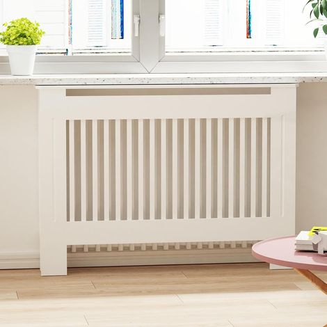 radiateur Cache-radiateur en bois : hauteur intérieure 100 cm, couverture de chauffage blanc moyen, lattes verticales, étagère moderne en bois MDF épais (1/5)