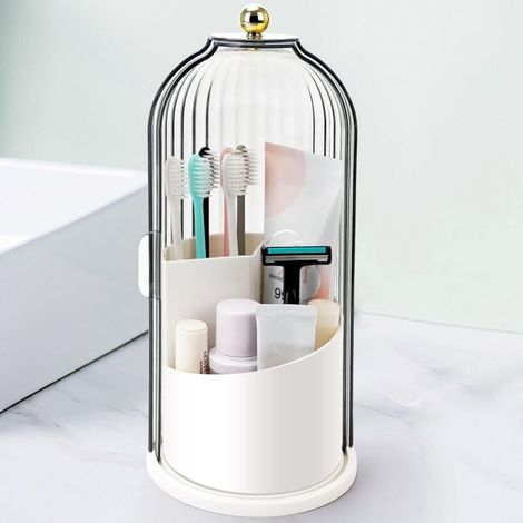 Porte-brosses à dents avec couvercle coulissant, organisateur de salle de bain rotatif à trois compartiments, pouvant également servir à ranger les pinceaux de maquillage. (1/4)