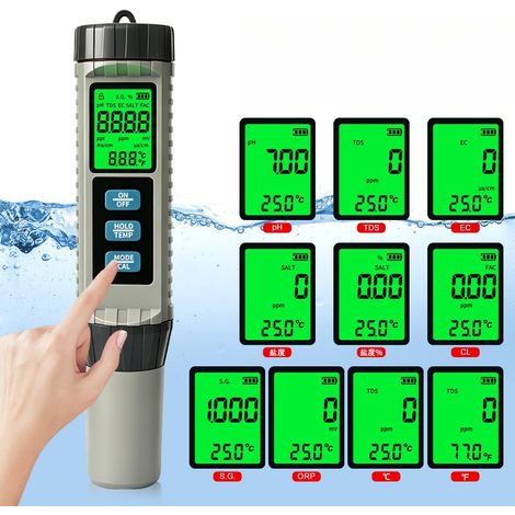 8-in-1 Water Quality Tester Pen, TDS/EC/pH/Temperature/ORP/CL/Salinity Multi-Function Digital Water Test Meter,Grey (1/2)