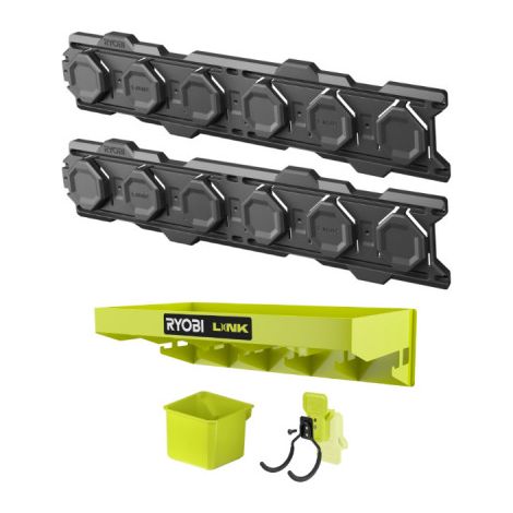 RYOBI LINK System confezione da 2 guide a parete - Scaffale multiuso - Cestino singolo - Gancio doppio lungo
