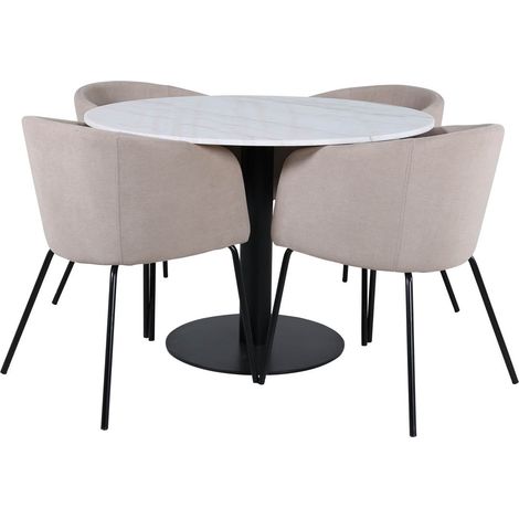 EstelleØ106WHBL Essgruppe Esstisch weiß, Marmor und 4 Berit Esszimmerstühle beige.