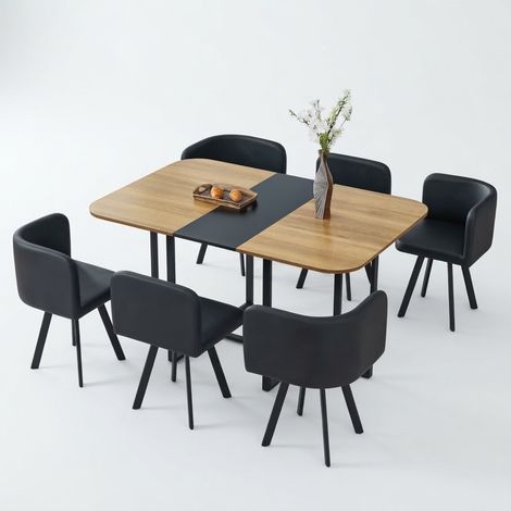 ELVMI Set Tavolo e Sedie con Tavolo da Pranzo e Sedie, per Cucina e Soggiorno, MDF, Metallo e PU, Nero e Legno (1/4)