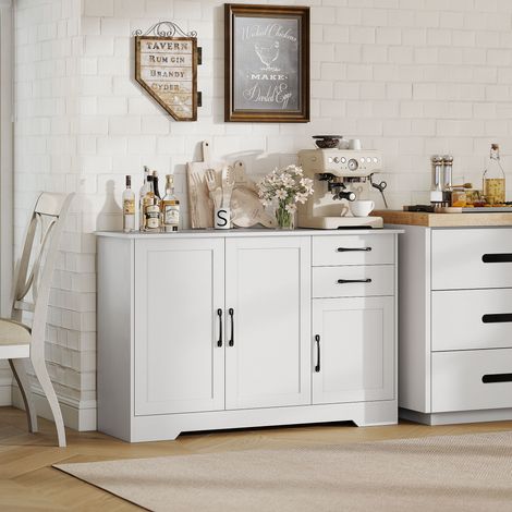 Sideboard, Aufbewahrungsmöbel mit 3 Türen, 2 Schubladen und verstellbarem Einlegeboden, 120 x 38 x 79 cm, weiß