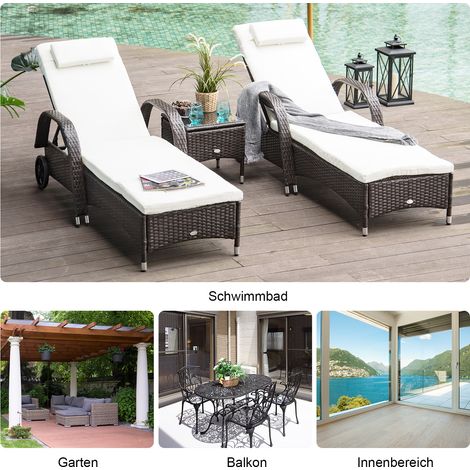 Ensemble de 3 transats de jardin, 2 fauteuils inclinables avec table basse, coussins fournis, en résine tressée, couleur marron et blanc cassé (1/4)