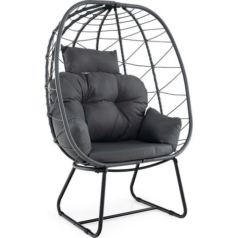 Chaise en rotin et osier avec coussin amovible et coussin amovible. Chaise longue surdimensionnée avec structure en métal gris (1/5)