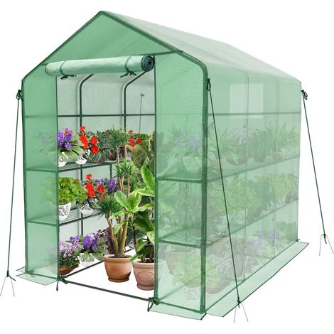 Serre de Jardin PE avec Étagères 3 Niveaux Serre de Jardin pour Légumes Plantes Fleurs Bâche Renforcée 135g/m2 Protéger Vos Plantes en Toutes Saison 143x215x195cm Vert (1/5)