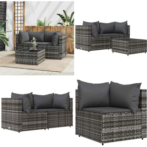 Salon de jardin 3 pcs avec coussins Gris Résine tressée - Canapé De Jardin - Mobilier De Jardin - Set Salon De Jardin - Table Basse - Chaise De Jardin - Home & Living (1/5)