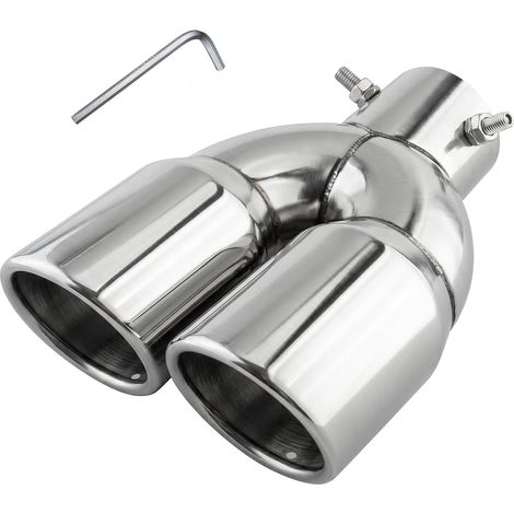 Embout d'Échappement Double Sortie, 38-54mm Universel Réglable à Visser Sortie Echappement Voiture Robuste En Acier Inoxydable Poli Miroir Embout de Silencieux (Finition Brillante Argentée) (1/5)