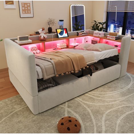 Einzel-Schlafsofa 90x190 cm mit Stauraum, LED und Steckdosen, hellgrau HAVRYA (1/5)
