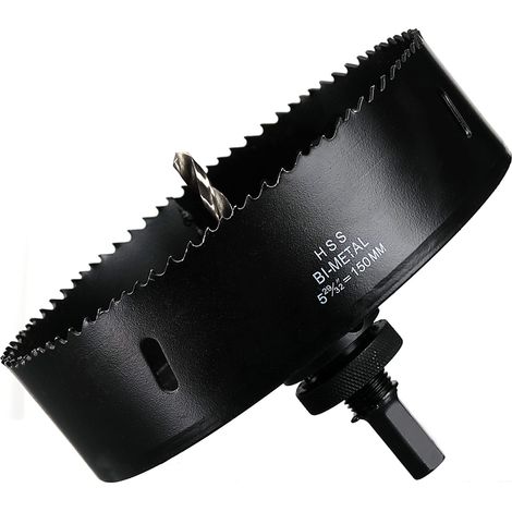 Scie cloche - 150 mm - Acier rapide HSS M42 bi-métal - Scie-cloche avec tige hexagonale et foret pour bois, construction sèche et tôle métallique - 1 pièce - Noir (1/5)